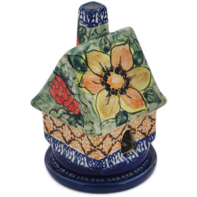 Polish Pottery House Shaped Candle Holder 5&quot; Colorful Bouquet UNIKAT