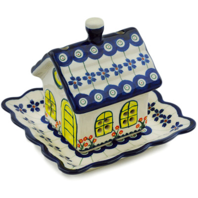 Polish Pottery House Shaped Candle Holder 5&quot; Flowering Peacock