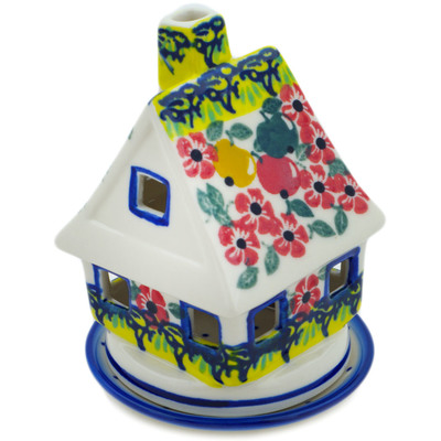 Polish Pottery House Shaped Candle Holder 5&quot; Fruit Trees