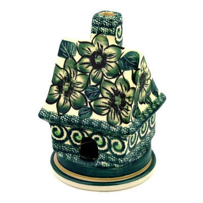 Polish Pottery House Shaped Candle Holder 5&quot; Gratuitous Greens UNIKAT
