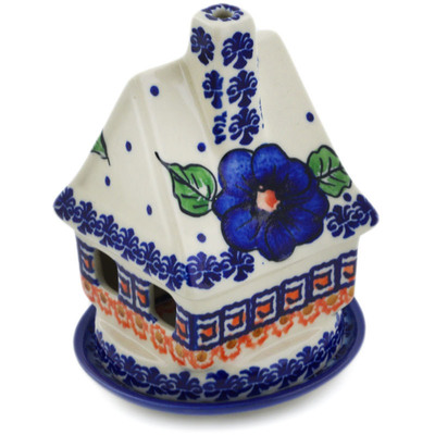 Polish Pottery House Shaped Candle Holder 5&quot; Greek Poppies