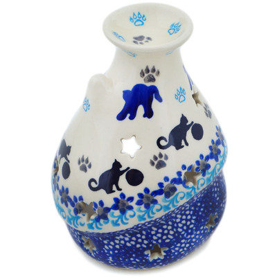 Polish Pottery House Shaped Candle Holder 5&quot; Kitty Paw Play Time