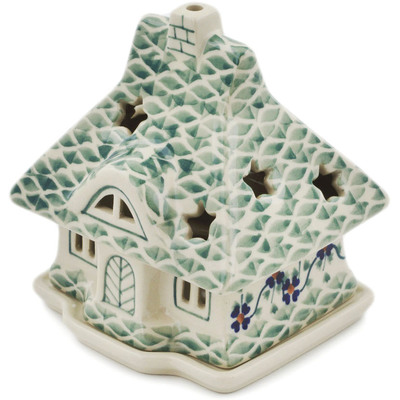 Polish Pottery House Shaped Candle Holder 5&quot; Lucky Blue Clover