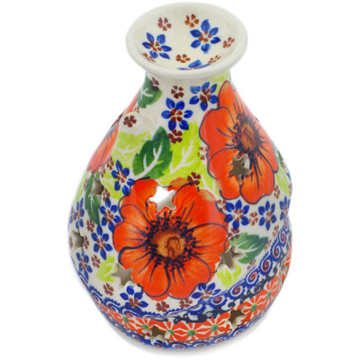 Polish Pottery House Shaped Candle Holder 5&quot; Orange Zinnia UNIKAT