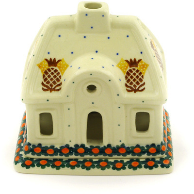 Polish Pottery House Shaped Candle Holder 5&quot; Pineapple Paradise