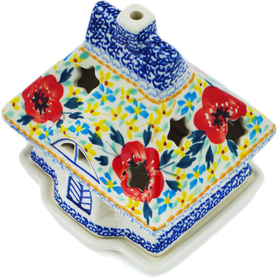 Polish Pottery House Shaped Candle Holder 5&quot; Rainbow Field UNIKAT