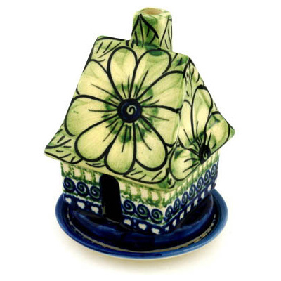 Polish Pottery House Shaped Candle Holder 5&quot; Rainforest UNIKAT