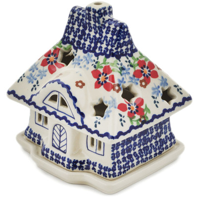 Polish Pottery House Shaped Candle Holder 5&quot; Red Flower Meadow