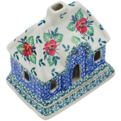 Polish Pottery House Shaped Candle Holder 5&quot; Red Pansy
