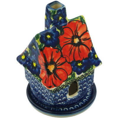 Polish Pottery House Shaped Candle Holder 5&quot; Red Star UNIKAT