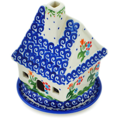 Polish Pottery House Shaped Candle Holder 5&quot; Spring Flowers