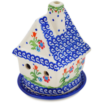 Polish Pottery House Shaped Candle Holder 5&quot; Spring Flowers