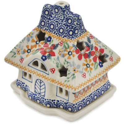 Polish Pottery House Shaped Candle Holder 5&quot; Summer Bouquet UNIKAT