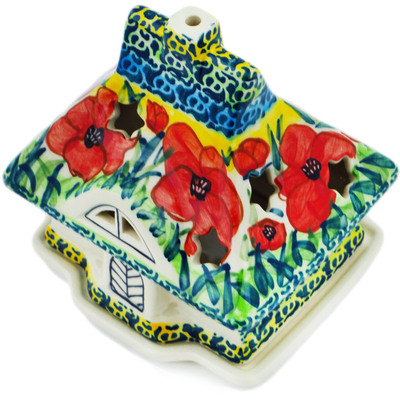 Polish Pottery House Shaped Candle Holder 5&quot; Sunday Poppies UNIKAT