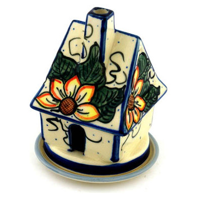 Polish Pottery House Shaped Candle Holder 5&quot; Sunflower Power UNIKAT