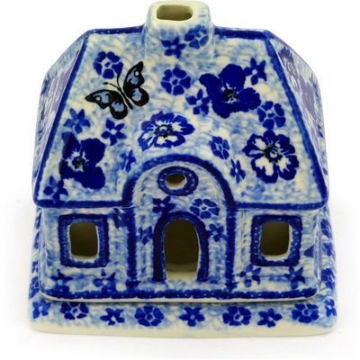 Polish Pottery House Shaped Candle Holder 5&quot; True Blue Calico