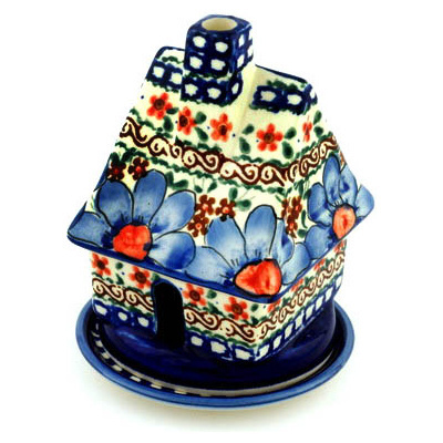 Polish Pottery House Shaped Candle Holder 5&quot; UNIKAT