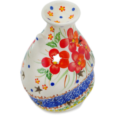 Polish Pottery House Shaped Candle Holder 5&quot; Vermilion Clusters
