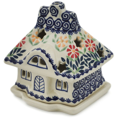 Polish Pottery House Shaped Candle Holder 5&quot; Wave Of Flowers