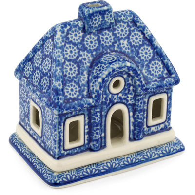 Polish Pottery House Shaped Candle Holder 5&quot; Winter Frost