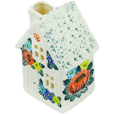 faience House Shaped Candle Holder 6&quot; Blooming Roses