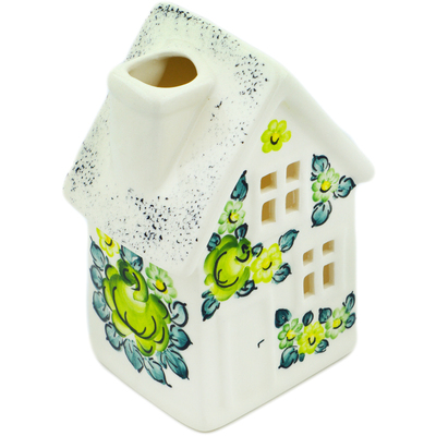 Faience House Shaped Candle Holder 6&quot; Green Wave