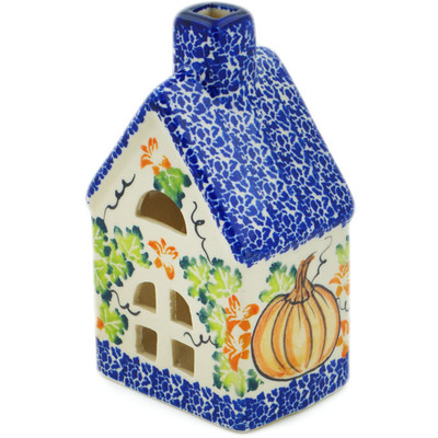 Polish Pottery House Shaped Candle Holder 6&quot; Pumpkin Fall Fever UNIKAT