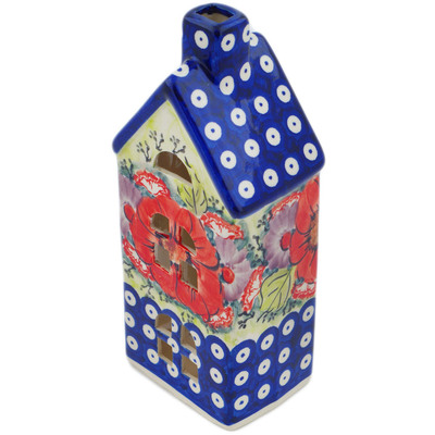 Polish Pottery House Shaped Candle Holder 8&quot; Blue Eyes Bouquet UNIKAT