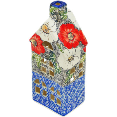 Polish Pottery House Shaped Candle Holder 8&quot; Bright Poppies On Moss UNIKAT