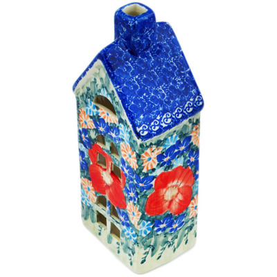 Polish Pottery House Shaped Candle Holder 8&quot; Pond Flowers UNIKAT
