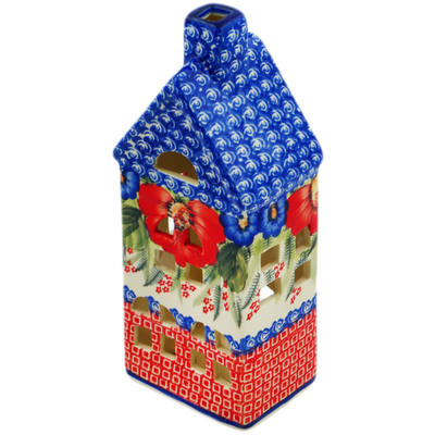 Polish Pottery House Shaped Candle Holder 8&quot; Poppies In The Summer UNIKAT
