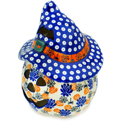 Polish Pottery Jack O Lantern Candle Holder 10&quot; Halloween Leaves