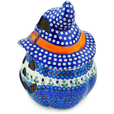 Polish Pottery Jack O Lantern Candle Holder 14&quot; Blue Tulip Garden UNIKAT