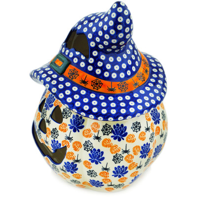 Polish Pottery Jack O Lantern Candle Holder 14&quot; Halloween Leaves