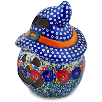 Polish Pottery Jack O Lantern Candle Holder 14&quot; Polish Garden UNIKAT