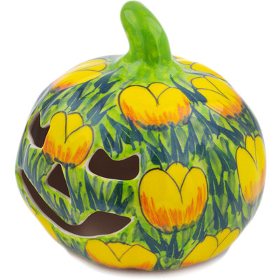 Polish Pottery Jack O Lantern Candle Holder 5&quot; Buttercup Bliss UNIKAT