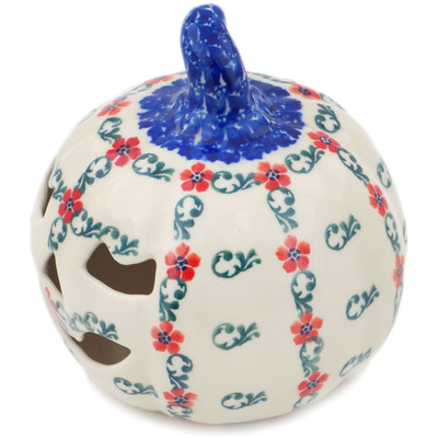 Polish Pottery Jack O Lantern Candle Holder 5&quot; Red Flower Lattice