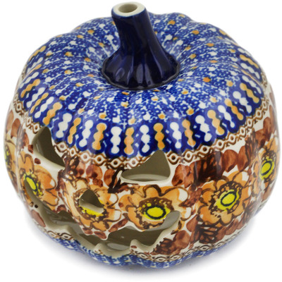 Polish Pottery Jack O Lantern Candle Holder 6&quot; Autumn Blooms UNIKAT