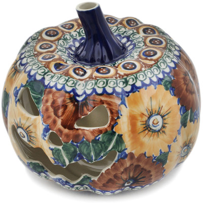 Polish Pottery Jack O Lantern Candle Holder 6&quot; Autumn Chrysanthemums UNIKAT