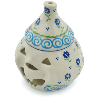 Polish Pottery Jack O Lantern Candle Holder 6&quot; Blue Bursts