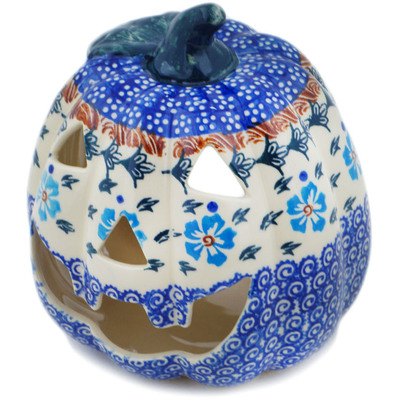 Polish Pottery Jack O Lantern Candle Holder 6&quot; Blue Cornflower