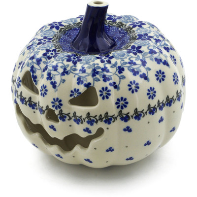 Polish Pottery Jack O Lantern Candle Holder 6&quot; Blue Country Field