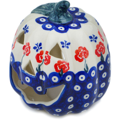 Polish Pottery Jack O Lantern Candle Holder 6&quot; Blue Eye Spring