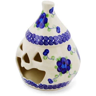 Polish Pottery Jack O Lantern Candle Holder 6&quot; Blue Poppies