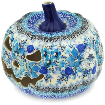 Polish Pottery Jack O Lantern Candle Holder 6&quot; Blue Symphony UNIKAT