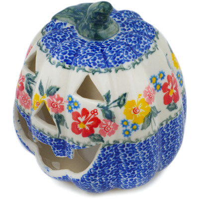 Polish Pottery Jack O Lantern Candle Holder 6&quot; Hibiscus Haven