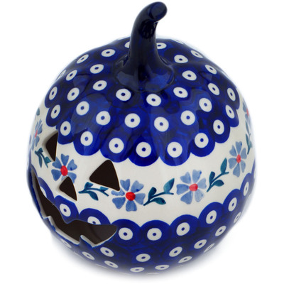 Polish Pottery Jack O Lantern Candle Holder 6&quot; Peacock Forget-me-not