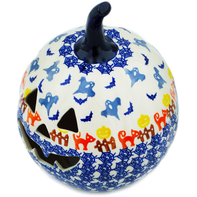 Polish Pottery Jack O Lantern Candle Holder 6&quot; Spooky Halloween