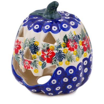 Polish Pottery Jack O Lantern Candle Holder 6&quot; Tropical Peacock UNIKAT