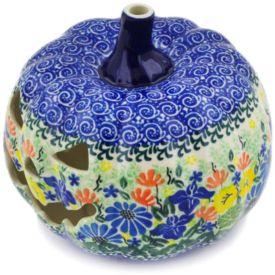 Polish Pottery Jack O Lantern Candle Holder 6&quot; Wildflower Wreath UNIKAT